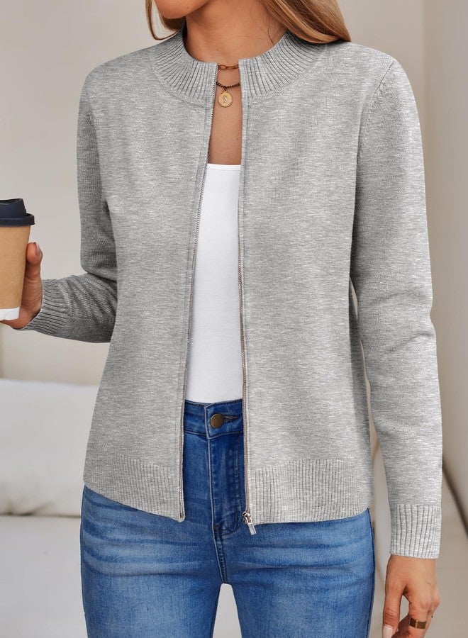 LILLUSORY Womens Zip Up Cardigan Sweaters Crew Neck Trendy Jackets Long Sleeve Outfits Fall Fashion 2025 Winter Clothing Grey XL - Image 2